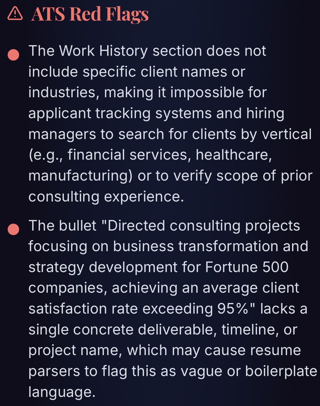 Example ATS red flags identified in a resume
