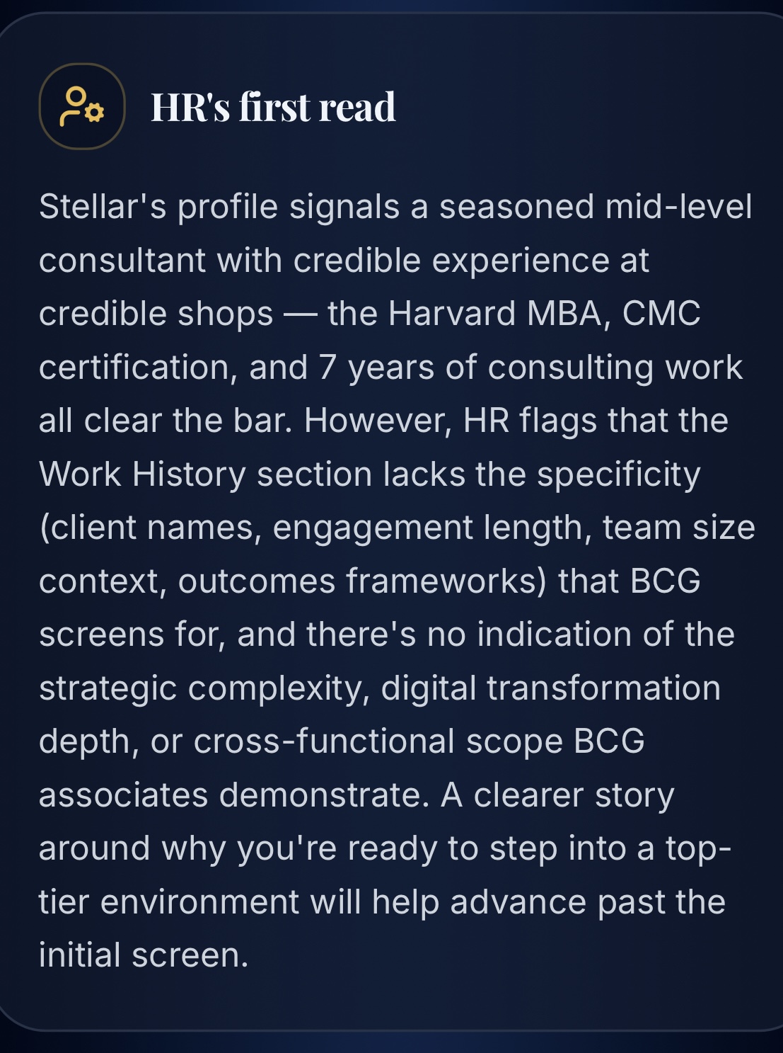 Example HR's first read summary of a candidate profile
