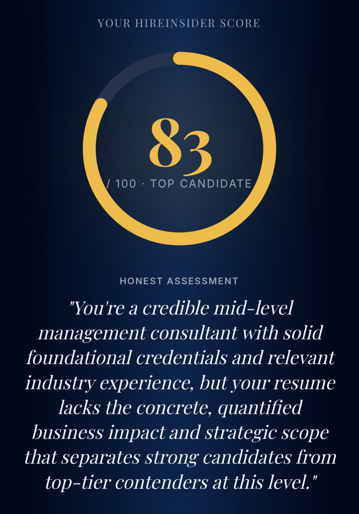 Example HireInsider scorecard showing a score of 83 out of 100 with an honest assessment
