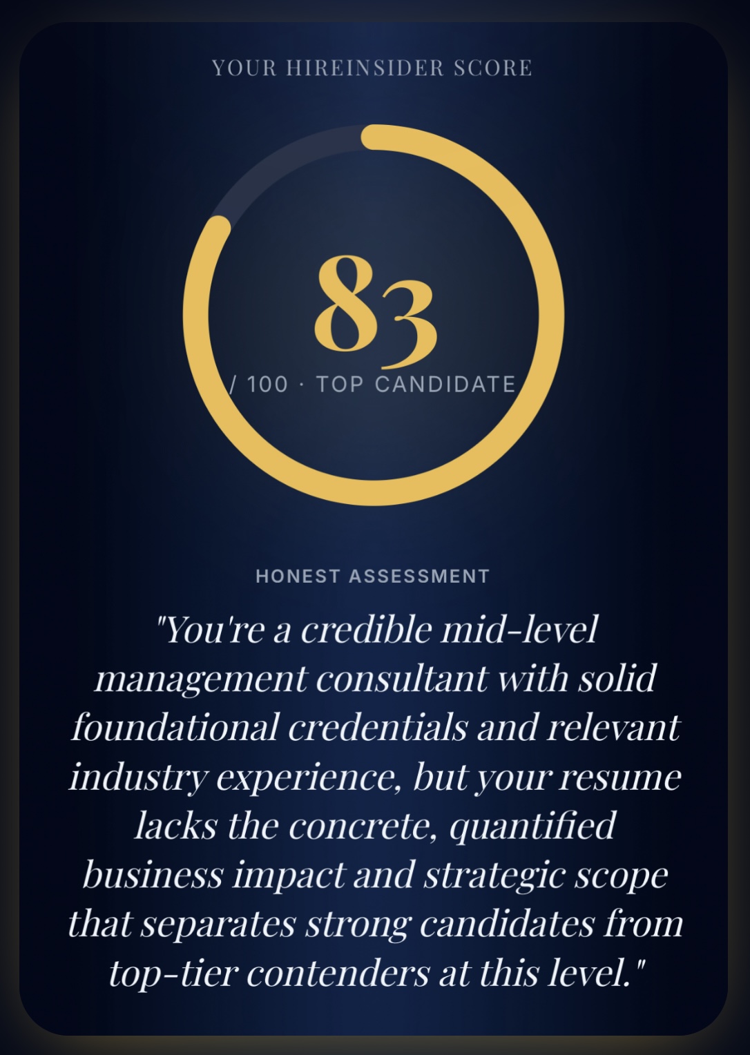 HireInsider AI score card showing 83/100 Top Candidate rating with honest assessment feedback
